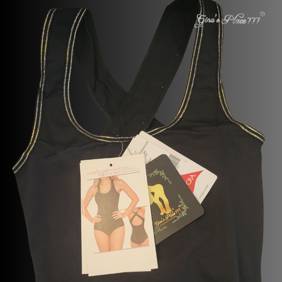 NWT WOMENS TANK CRISS CROSS METALLIC TRIMBACK TUMMY COMPRESSION BODYSUIT L/36 - Picture 6 of 16